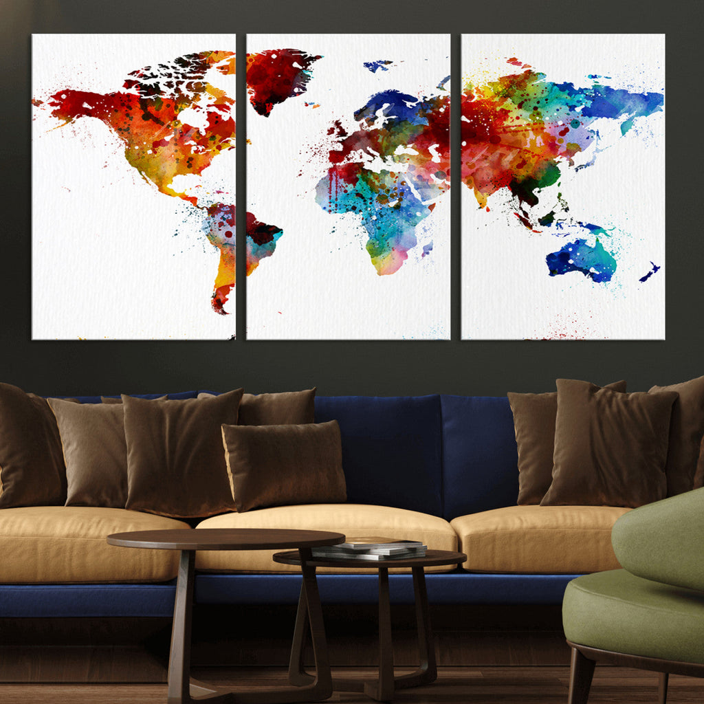 Colorful World Map Canvas Wall Art Print, Contemporary Global Map Artwork