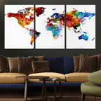 Colorful World Map Canvas Wall Art Print, Contemporary Global Map Artwork