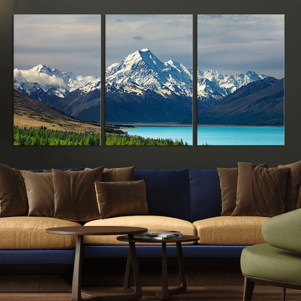 Mount Cook and Lake Pukaki Canvas Wall Art Print | Majestic Snow Capped Peaks