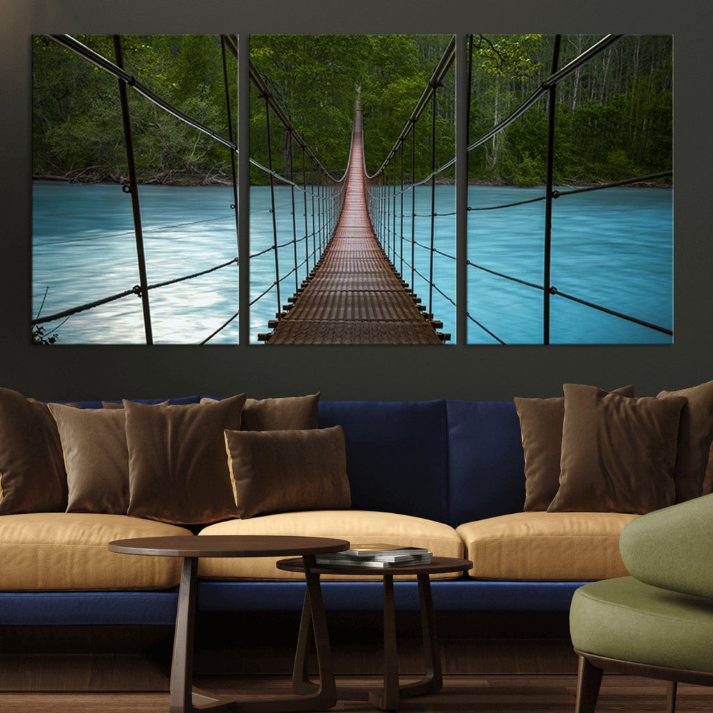 Suspension Bridge Over River Canvas Art | 3-Panel Nature Wall Art