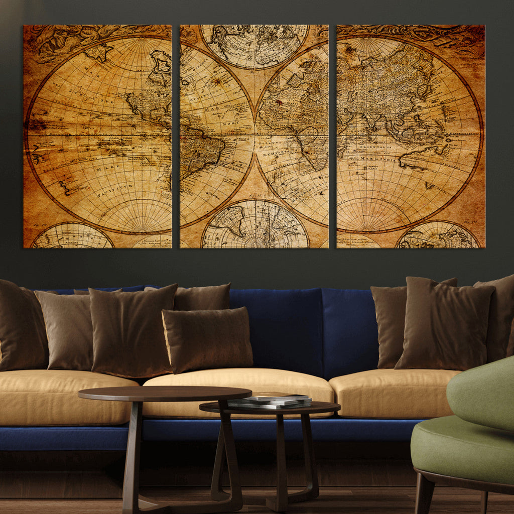 Vintage World Map Canvas Print | Antique Push Pin Travel Map