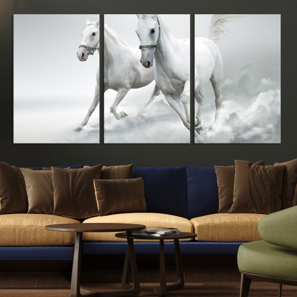 Large Wall Art Canvas Print, Beautiful Running White Horses