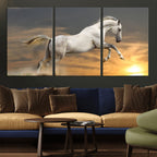 Large Wall Art Canvas Print, White Jumping Horse at Sunset