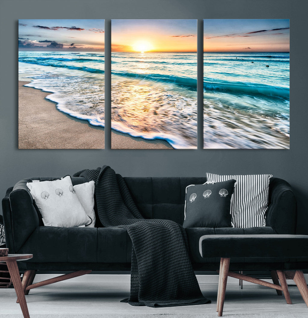 Sunset Beach Waves Canvas Wall Art | Ocean Sunset Coastal Print