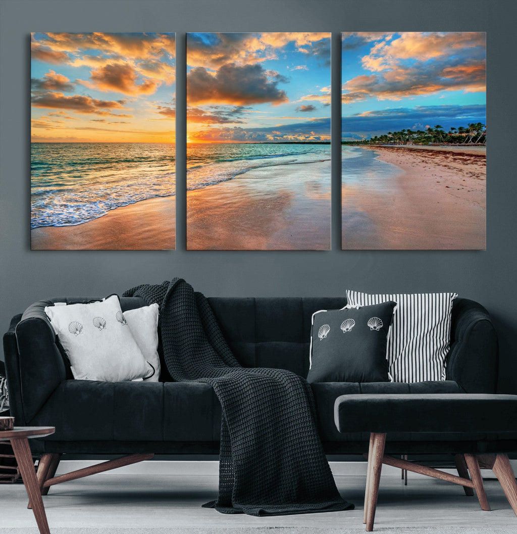 Sunset Beach Canvas Wall Art | Tropical Triptych Seascape Print