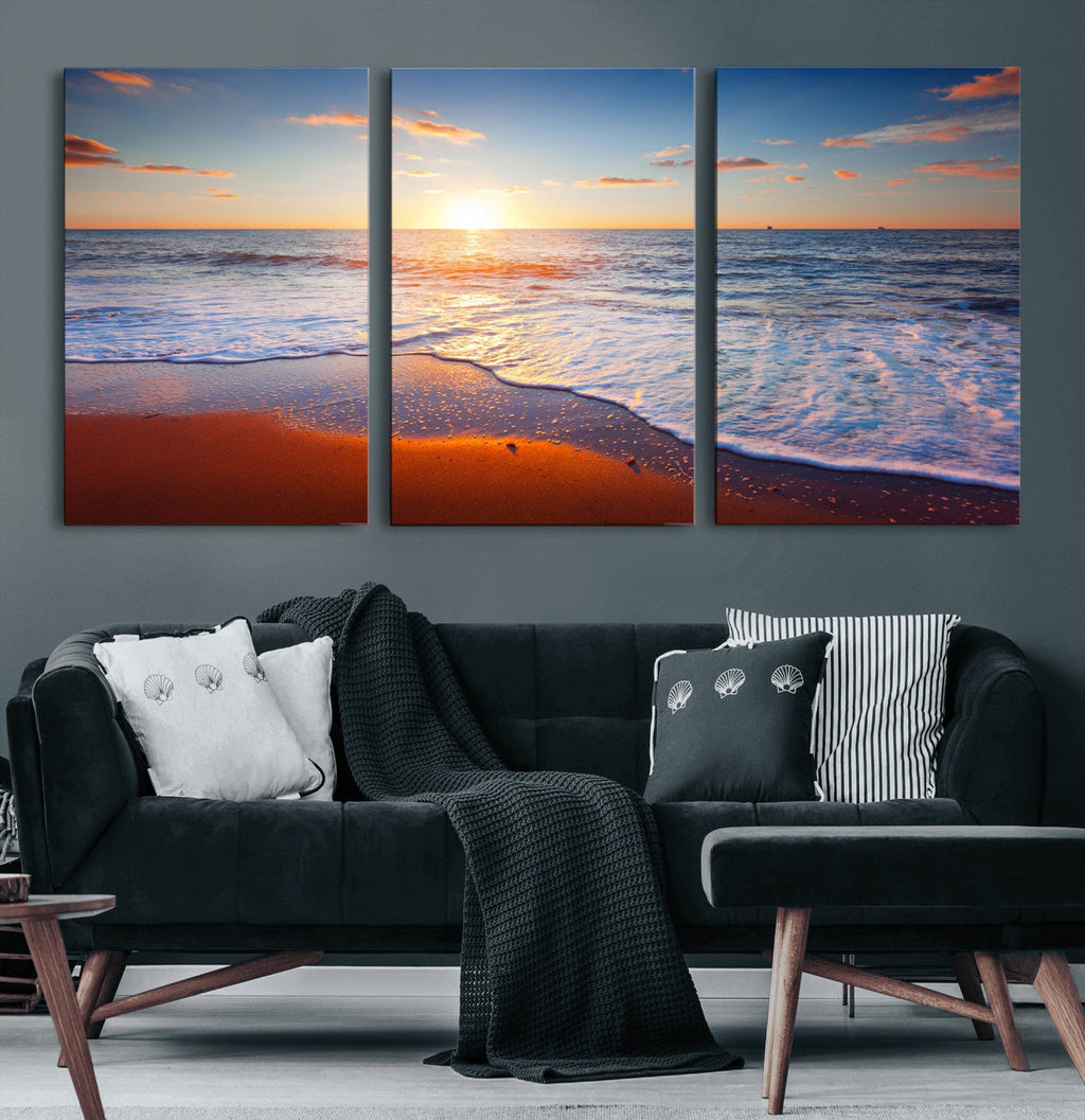 Tropical Ocean Sunset Wall Art Canvas Print, Golden Beach Horizon, Coastal Island Decor
