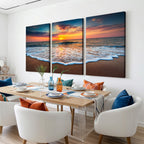 Sunset Beach Canvas Wall Art | Colorful Ocean Waves Triptych