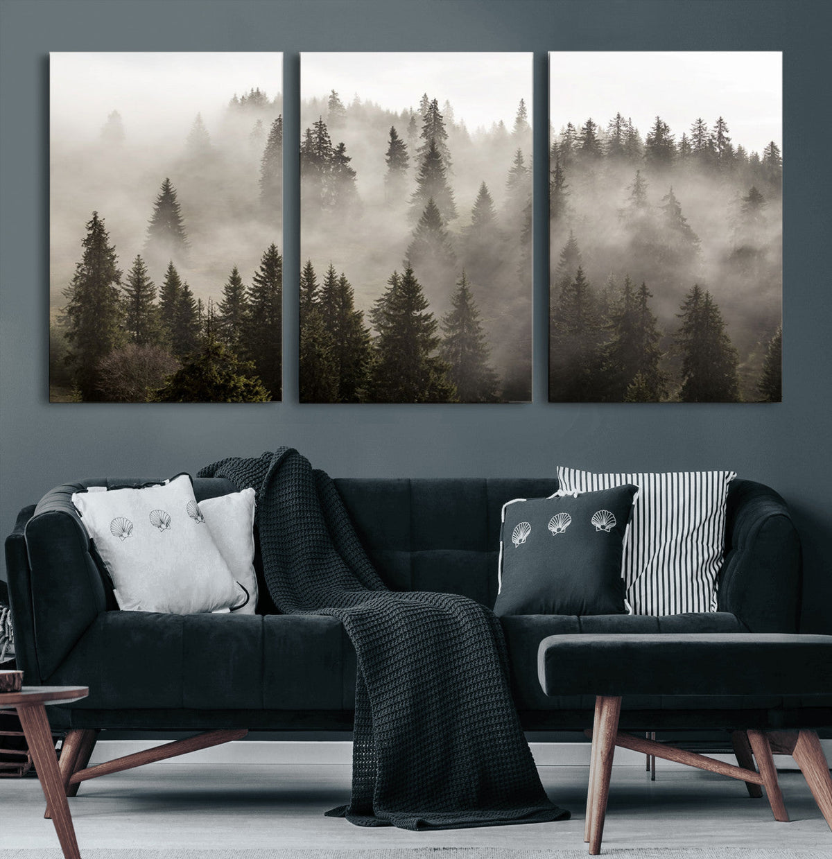 Foggy Mountain Wall Art | 3-Panel Foggy Forest and Mountain Landscape Canvas Print