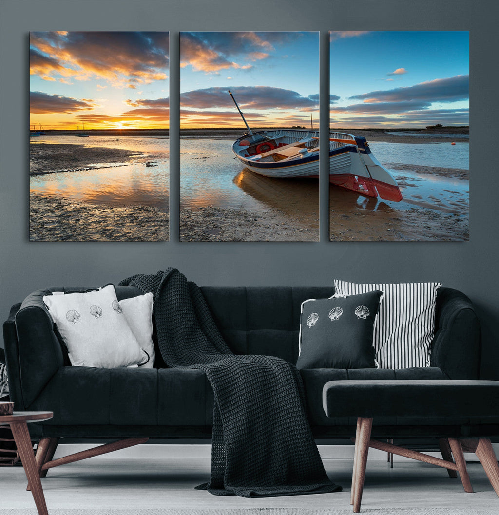 Small Boat At The Beach Sunset Wall Art, Boat Sunset Wall Art Canvas Print