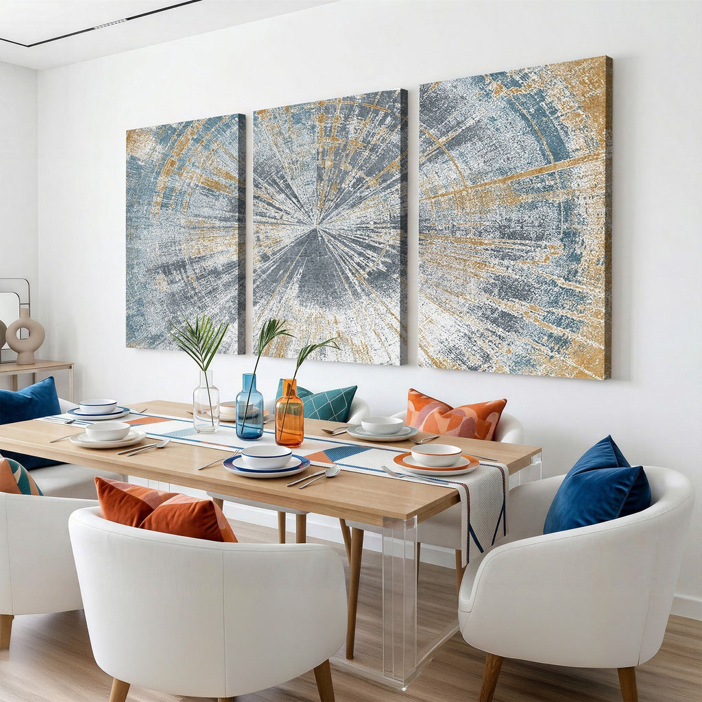 Radiant Abstract Wood Rings Canvas Art, Modern Triptych Wall Decor for Living Room or Office