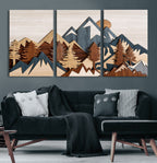 Rustic Abstract Wood Panel Effect Canvas | Mountain Range Top Wood Wall Art Canvas Print