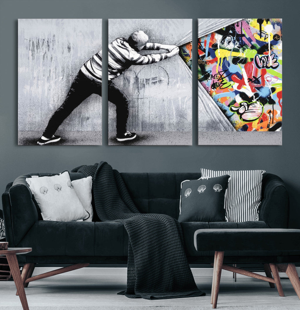Banksy Art Behind the Curtain Street Wall Art Canvas Print | Urban Graffiti Style Wall Decor