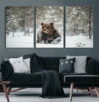 Grizzly Bear Wall Art | Framed Snowy Forest Canvas Artwork