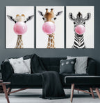 Bubblegum Animals Canvas Wall Art, Playful Giraffe and Zebra Trio, Whimsical Nursery and Kids Room Decor