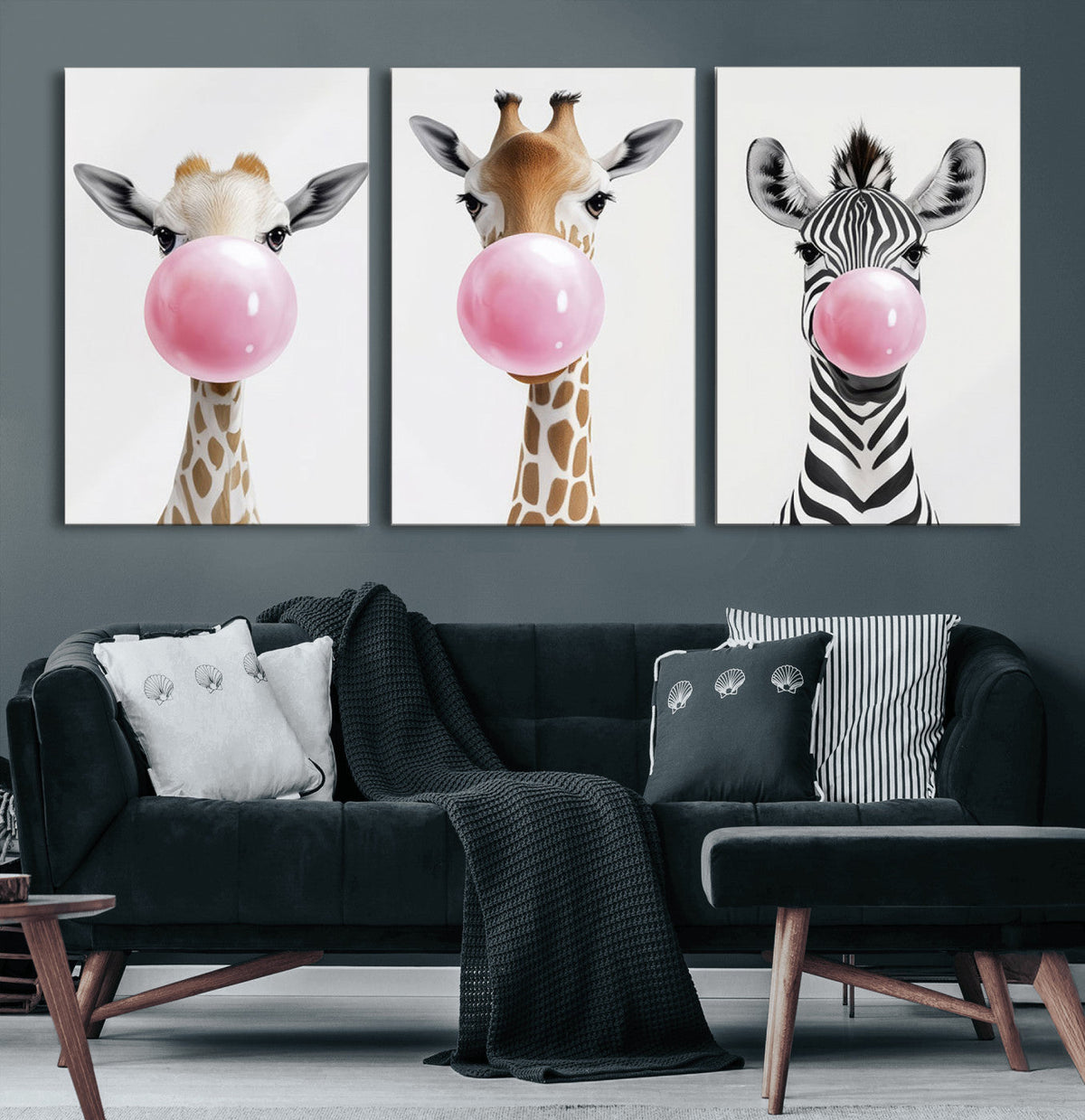 Bubblegum Animals Canvas Wall Art, Playful Giraffe and Zebra Trio, Whimsical Nursery and Kids Room Decor