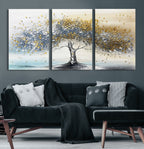 Silver Tree Wall Art | Framed Golden Leaves Canvas Artwork