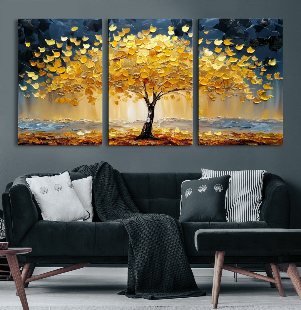 Golden Tree Wall Art | Framed Autumn Leaves Canvas Artwork