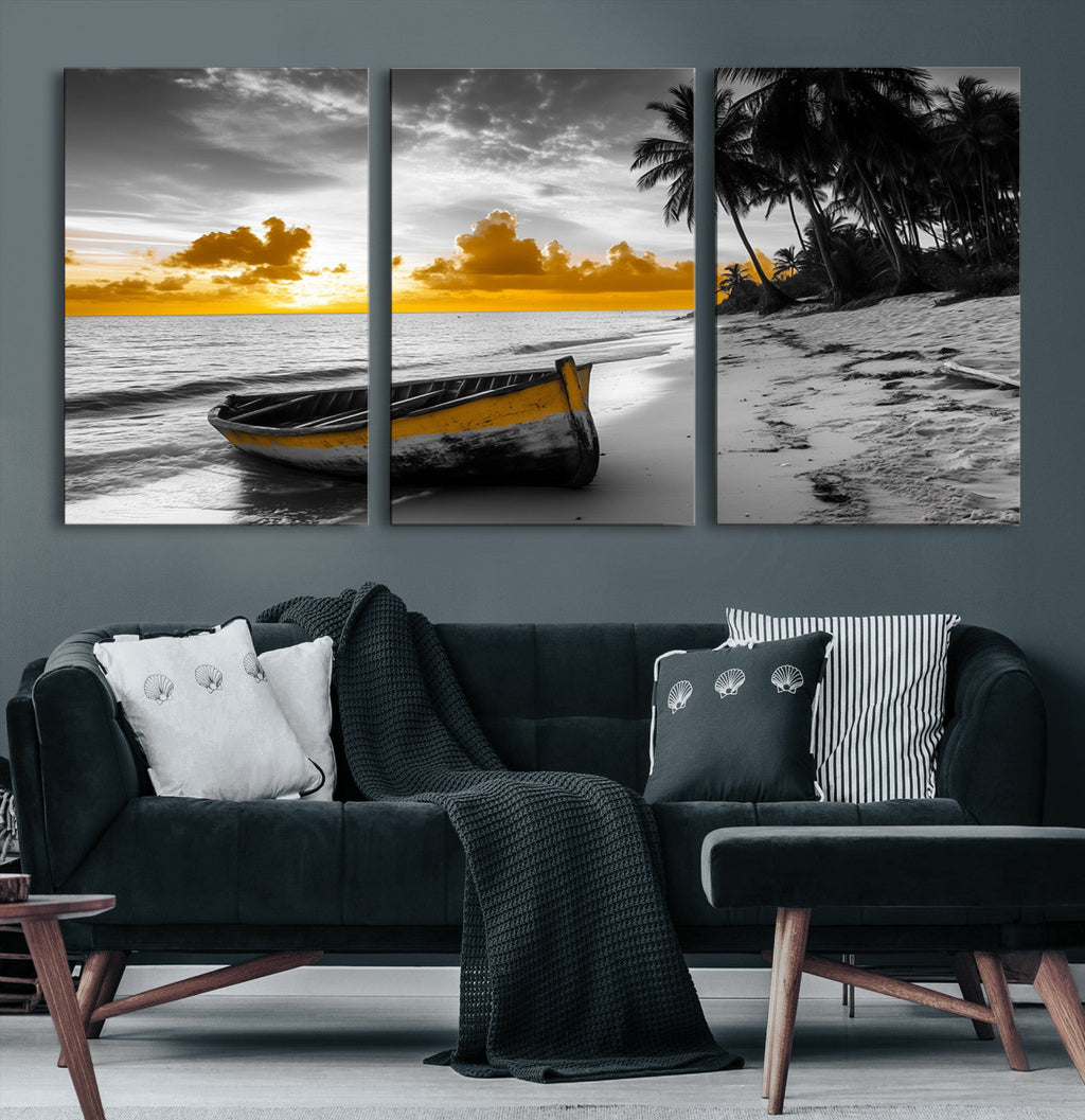 Yellow Rowboat Wall Art | Framed Tropical Shoreline Canvas