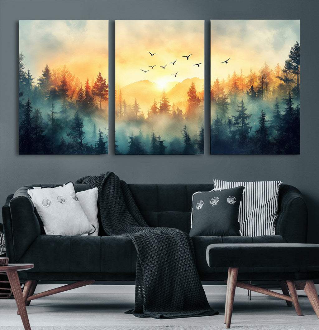 Sunrise Forest Wall Art | Framed Misty Pines Canvas Artwork