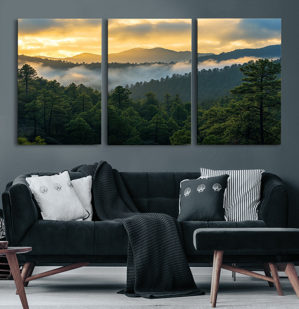 Mountain Sunrise Wall Art | Framed Pine Forest Canvas