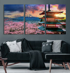 Mount Fuji Cherry Blossom Wall Art Canvas Print | Framed Pagoda Sunset