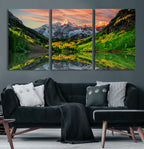 Sunset Glow Mountain Wall Art Canvas Print | Peaks, Green Forest and Lake