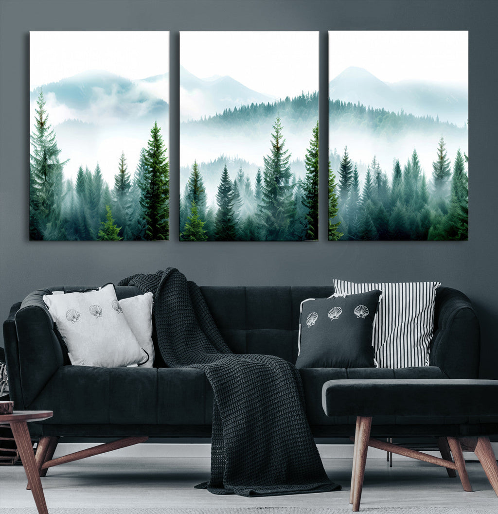 Misty Pine Forest Wall Art, Foggy Mountain Landscape Canvas