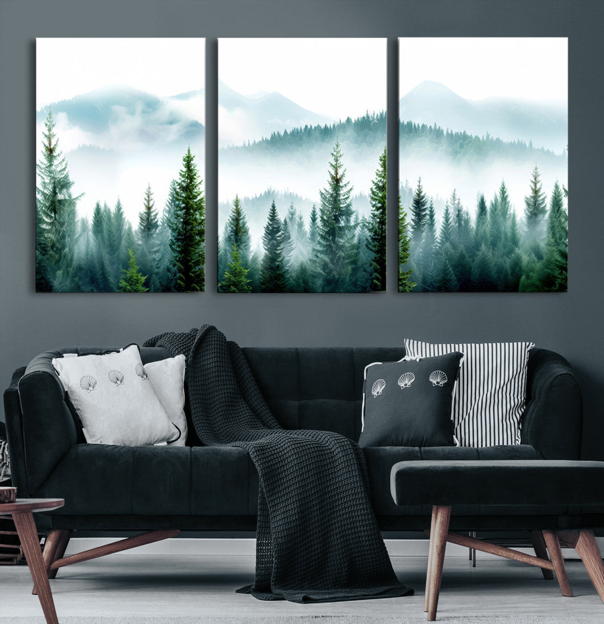Misty Pine Forest Wall Art, Foggy Mountain Landscape Canvas