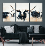 Texas Longhorn Wall Art Canvas Print | Majestic Horned Bull in Black and White