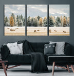 Elk Herd Wall Art, Framed Snowy Forest Canvas Artwork
