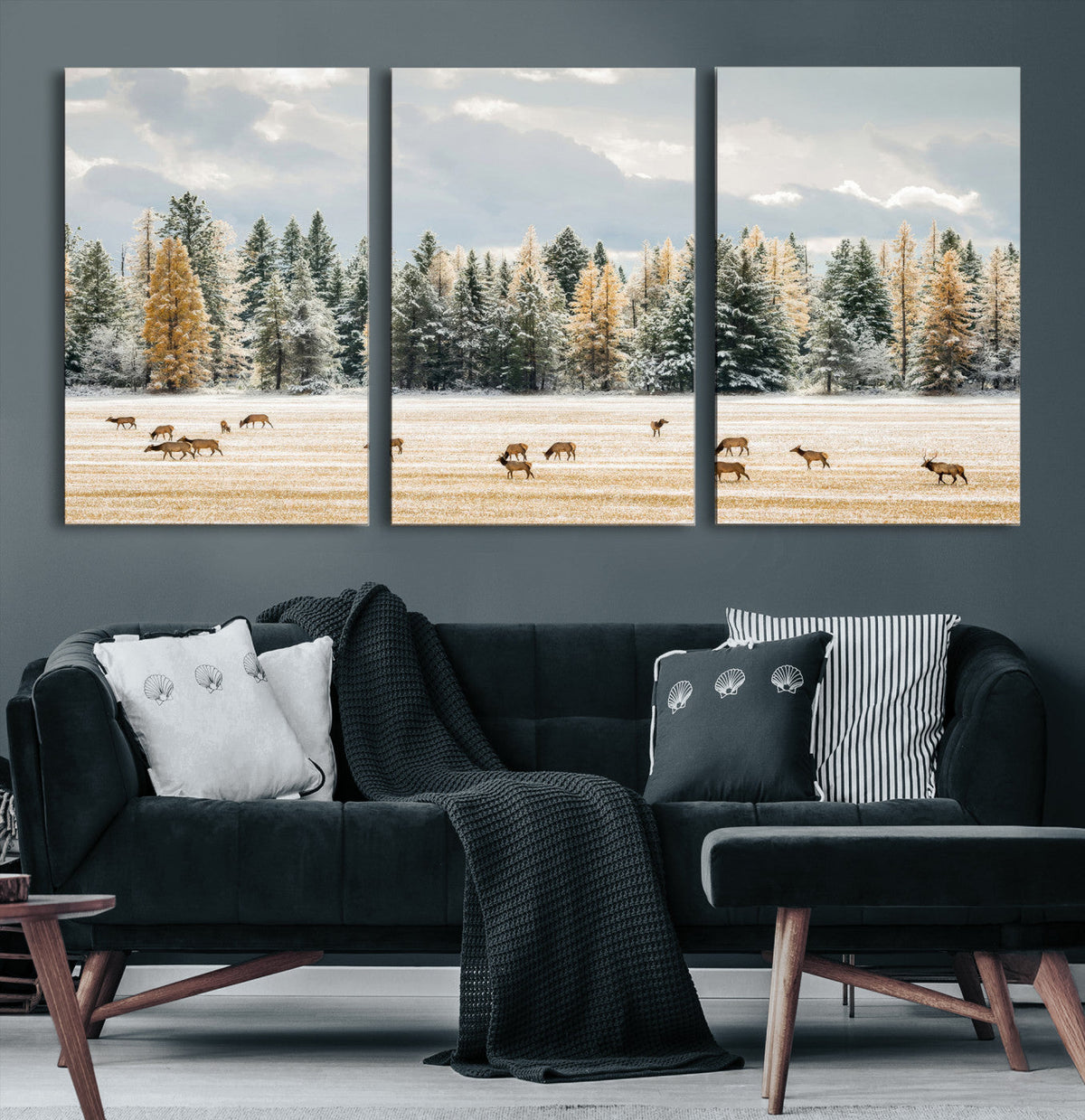 Elk Herd Wall Art, Framed Snowy Forest Canvas Artwork