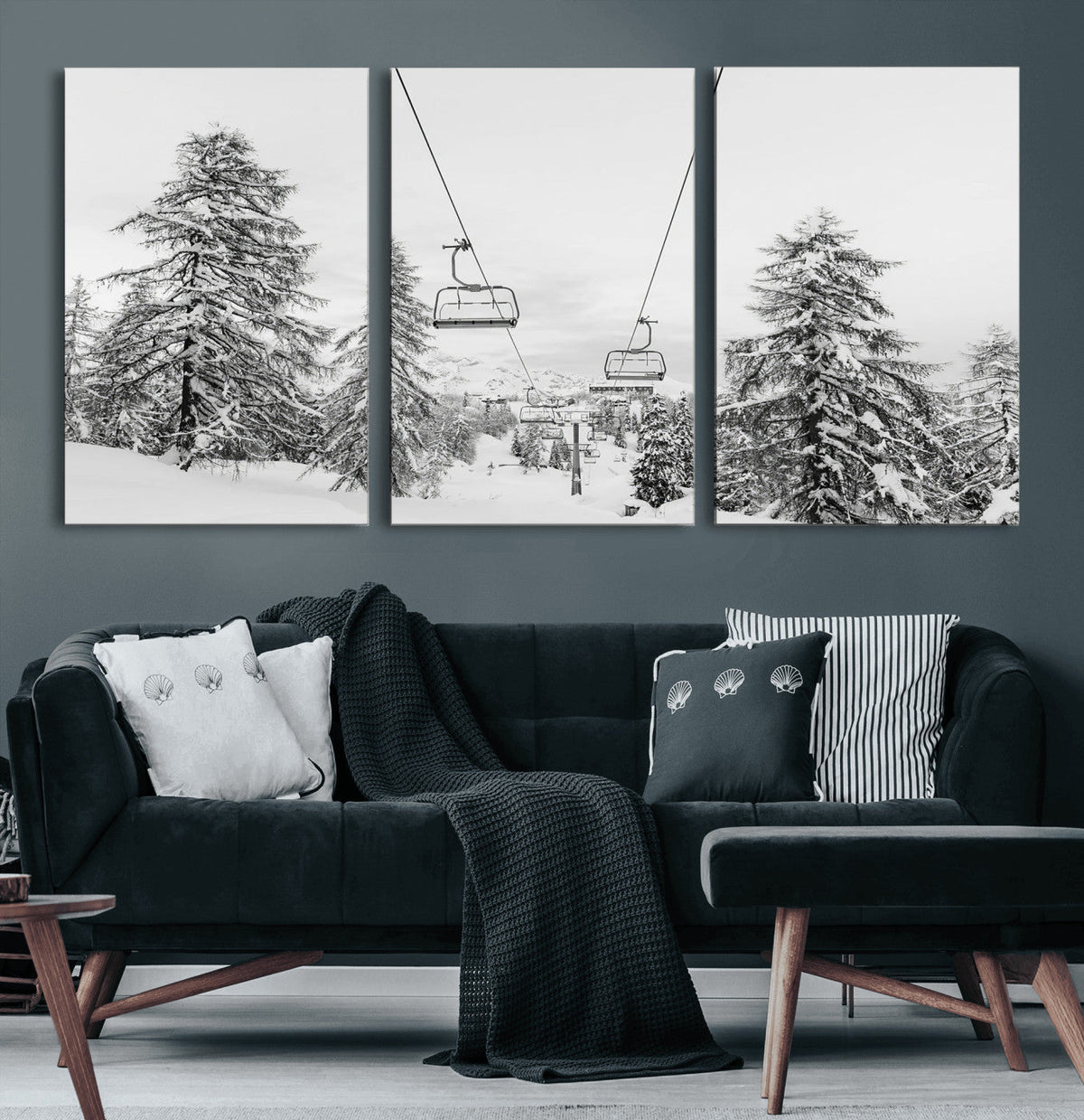 Snowy Ski Lift Wall Art | Framed Winter Forest Canvas