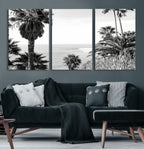 Palm Trees Wall Art Canvas Print, Framed Coastal Ocean Horizon Monochrome Art