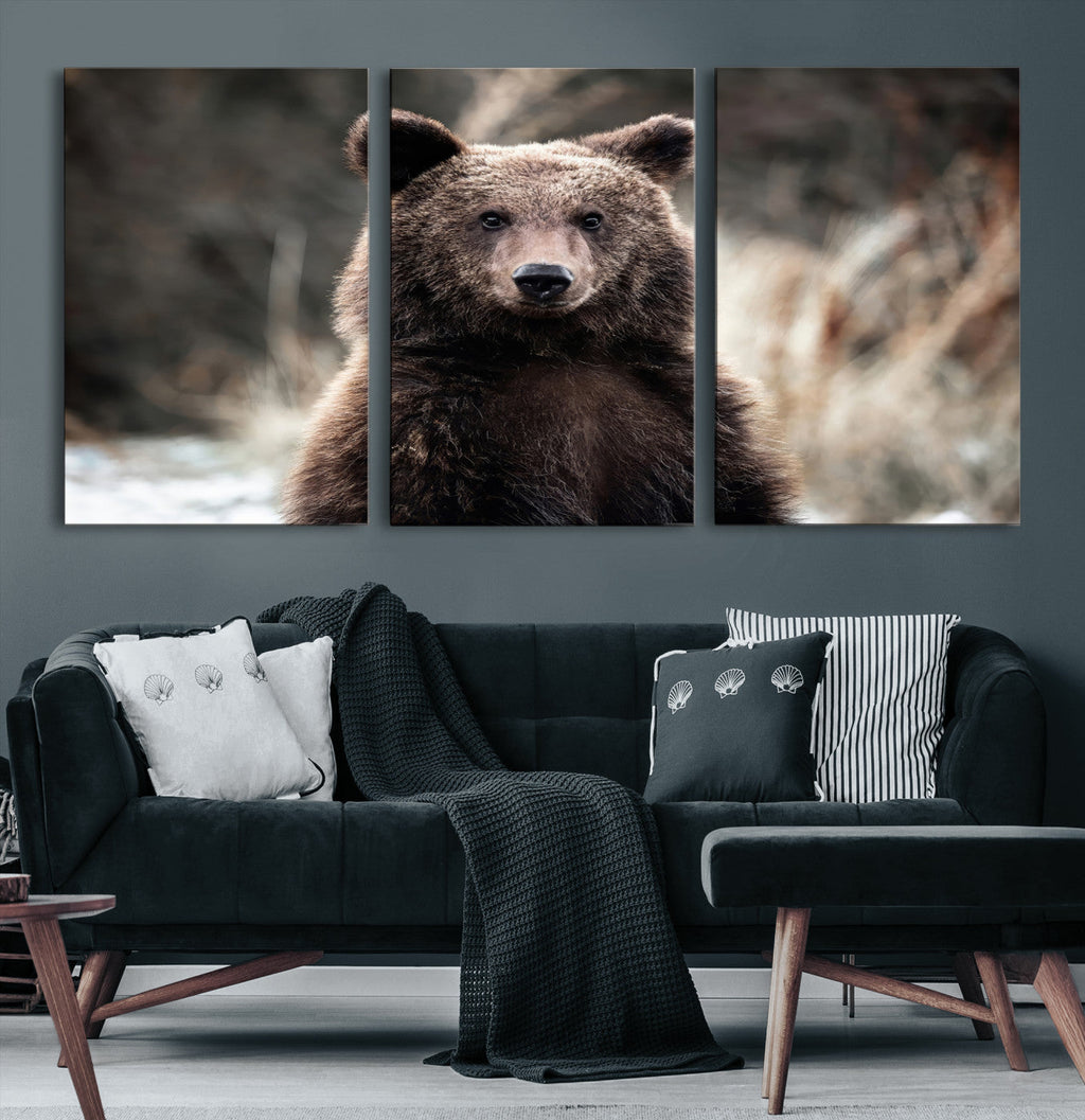 Brown Bear Wall Art Canvas Print, Framed Majestic Woodland Wildlife Cabin Art