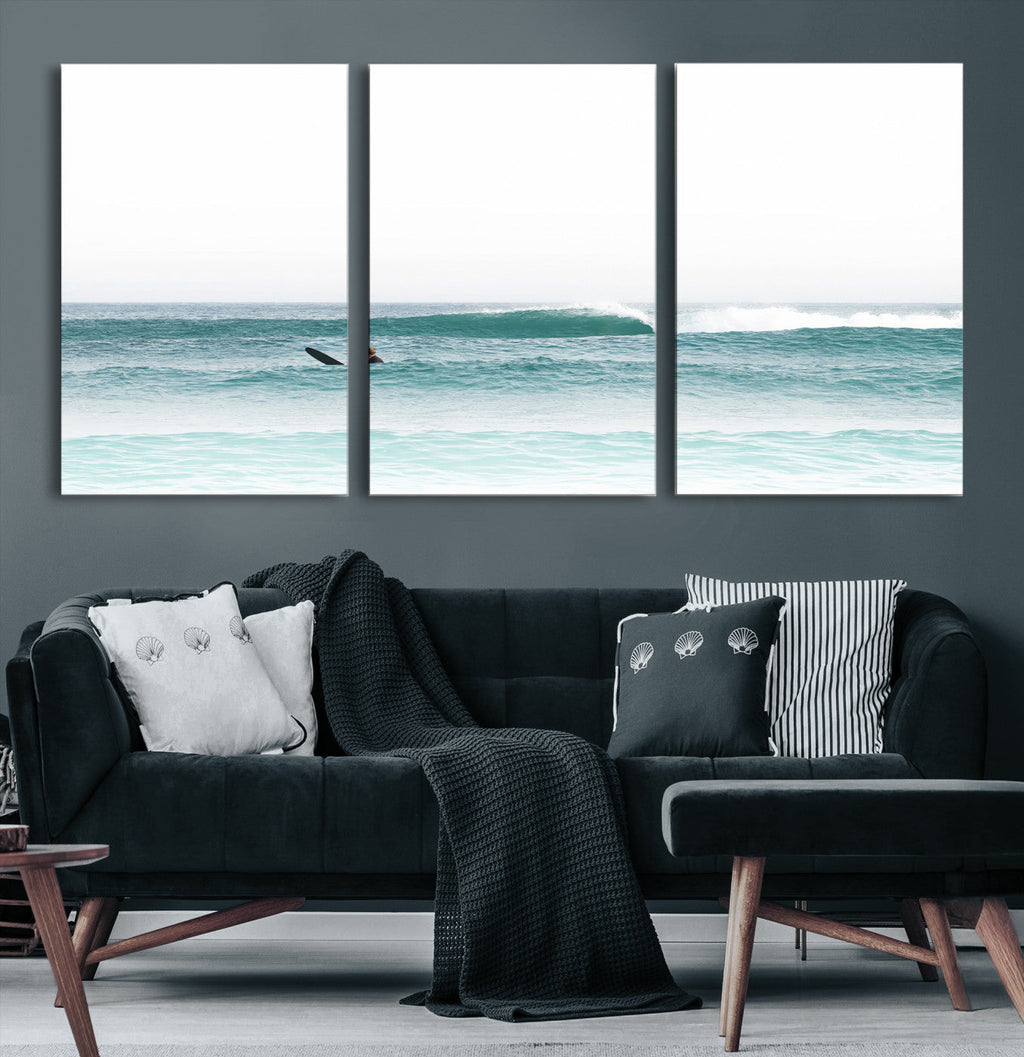 Surfing Wall Art Canvas Print, Framed Minimalist Ocean Waves Beach Art