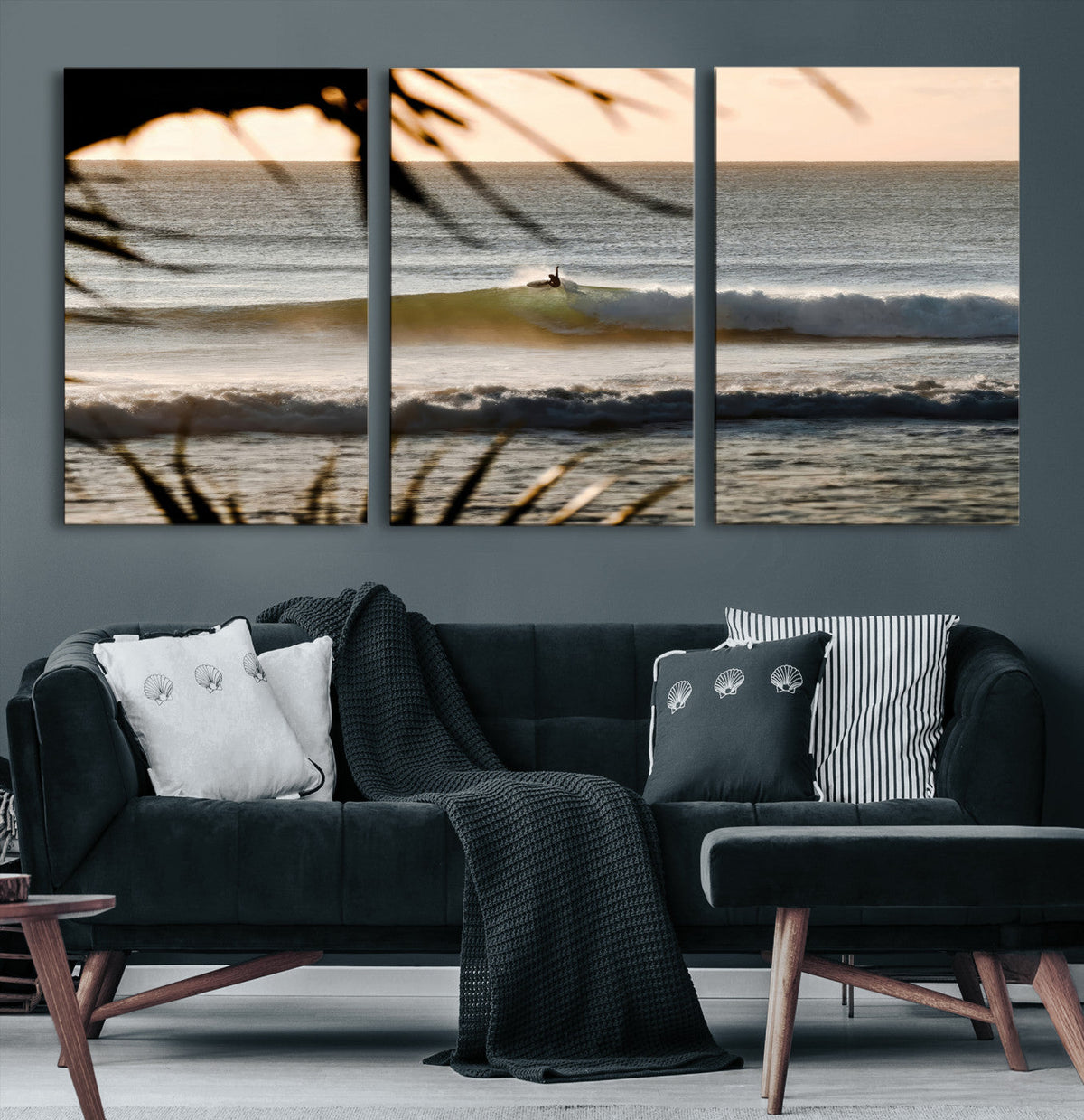 Sunset Surf Wall Art Canvas Print, Framed Golden Hour Waves Boho Beach Art