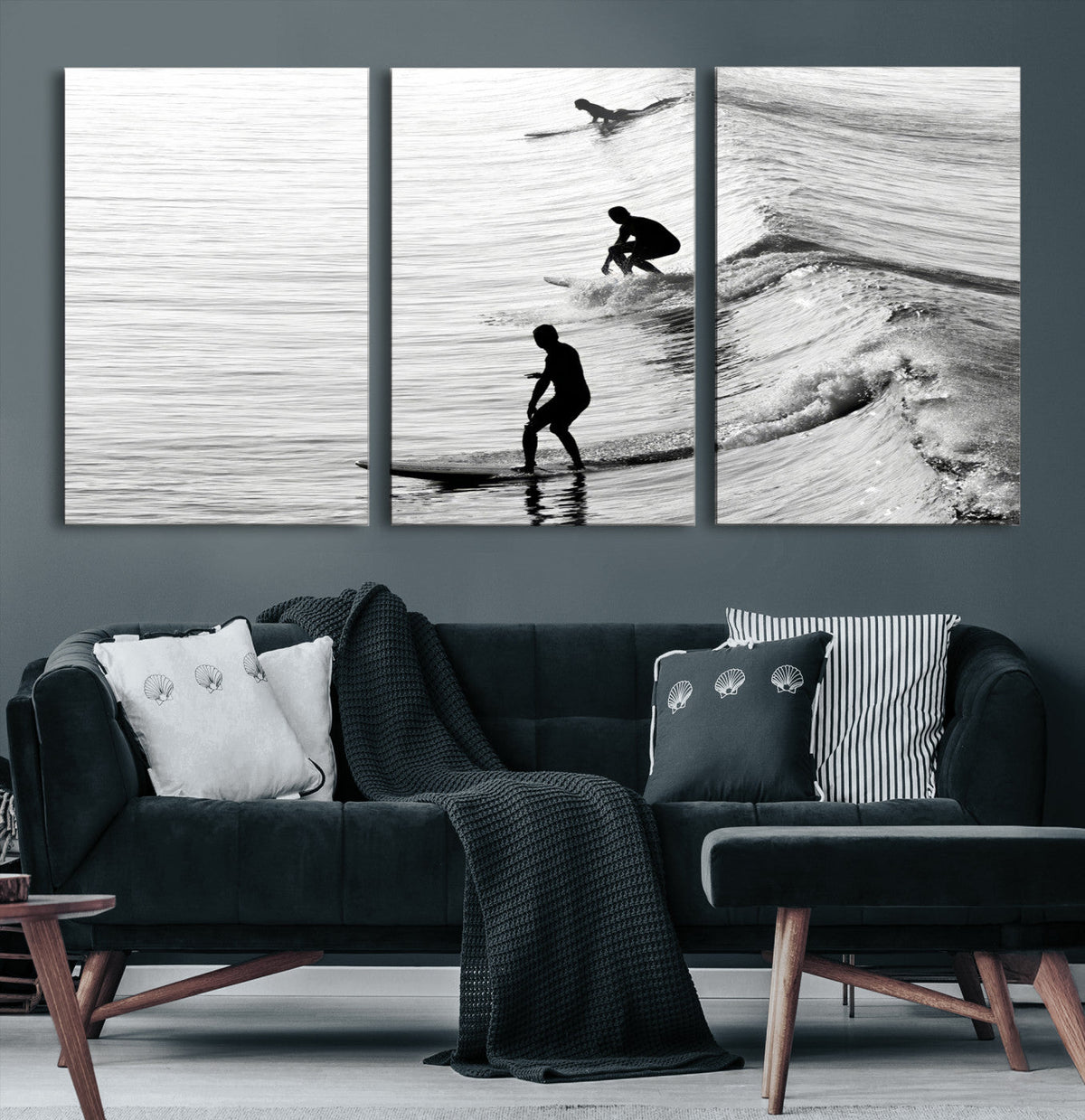 Surfers on Waves Wall Art Canvas Print | Framed Black and White Surf