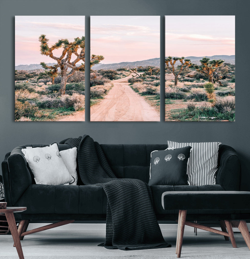 Joshua Tree Wall Art Canvas Print, Framed Desert Road Scene at Sunset