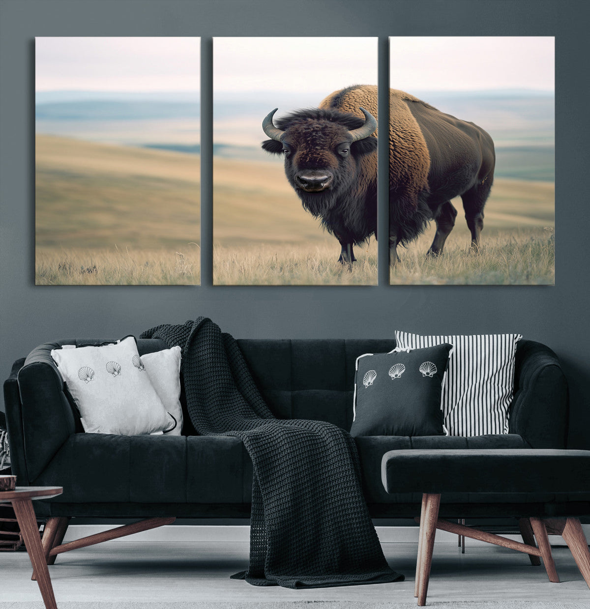 Bison Wall Art Canvas Print, Framed American Buffalo Rustic Western Artwork