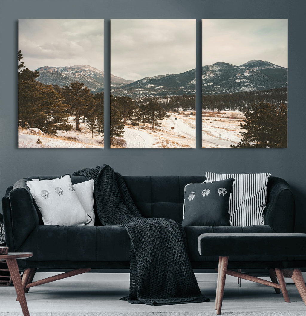 Mountain Landscape Wall Art Canvas Print, Framed Snowy Peaks Alpine Winter