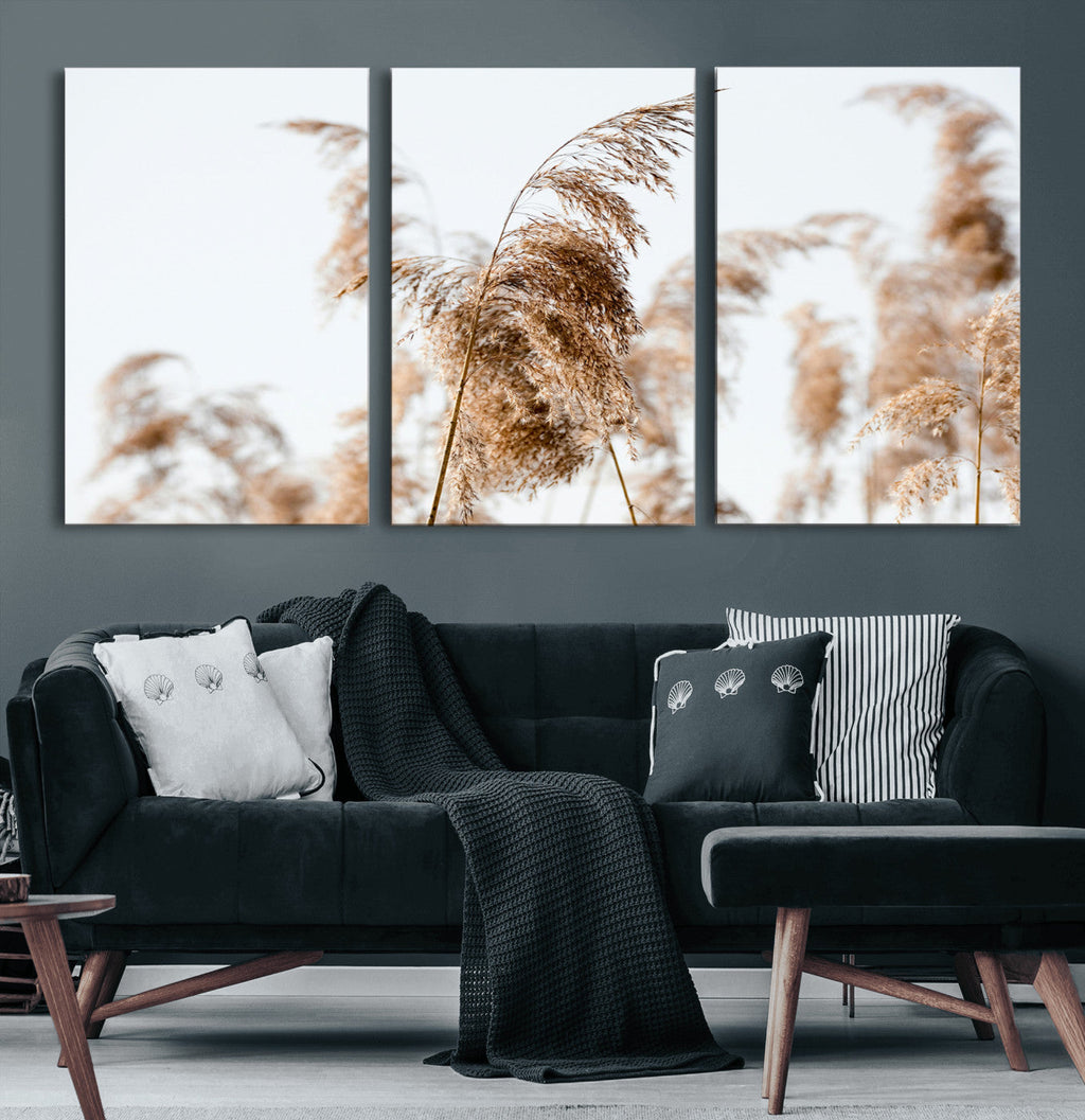 Pampas Grass Wall Art Canvas Print, Framed Neutral Tones Minimalist Boho