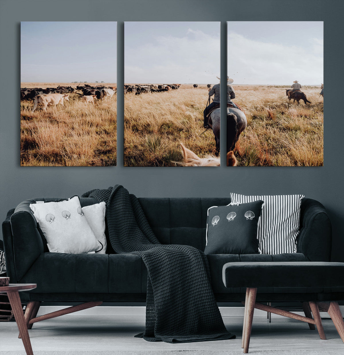 Western Wall Art Canvas Print, Framed Cowboy Cattle Drive Scene