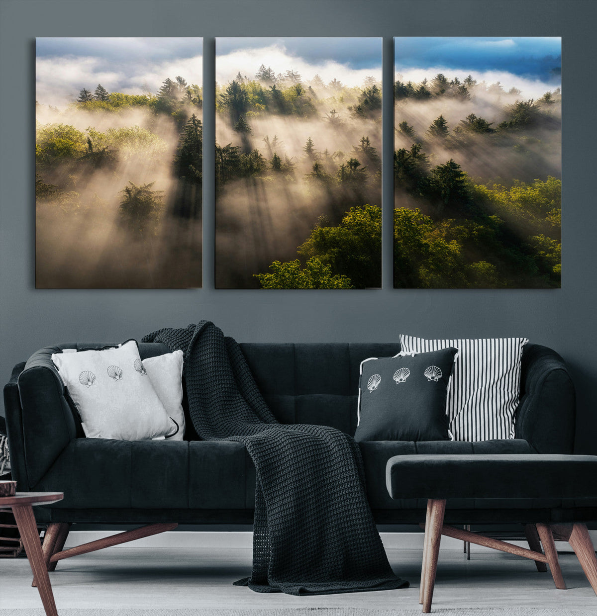 Tranquil Forest Scene Wall Art Canvas Print, Framed Moody Sunbeam Through Trees