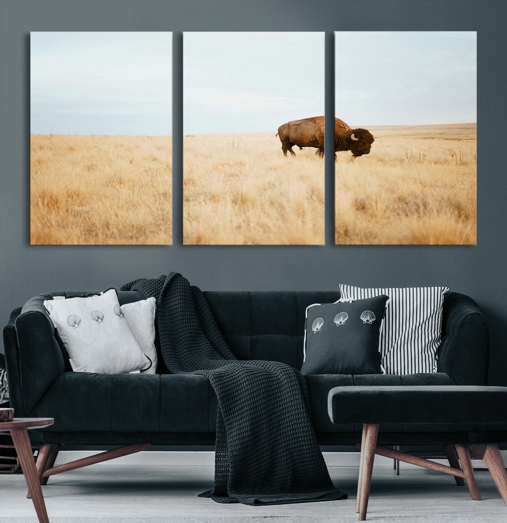 Buffalo Wall Art Canvas Print, Framed Western Wildlife Rustic Prairie Scene