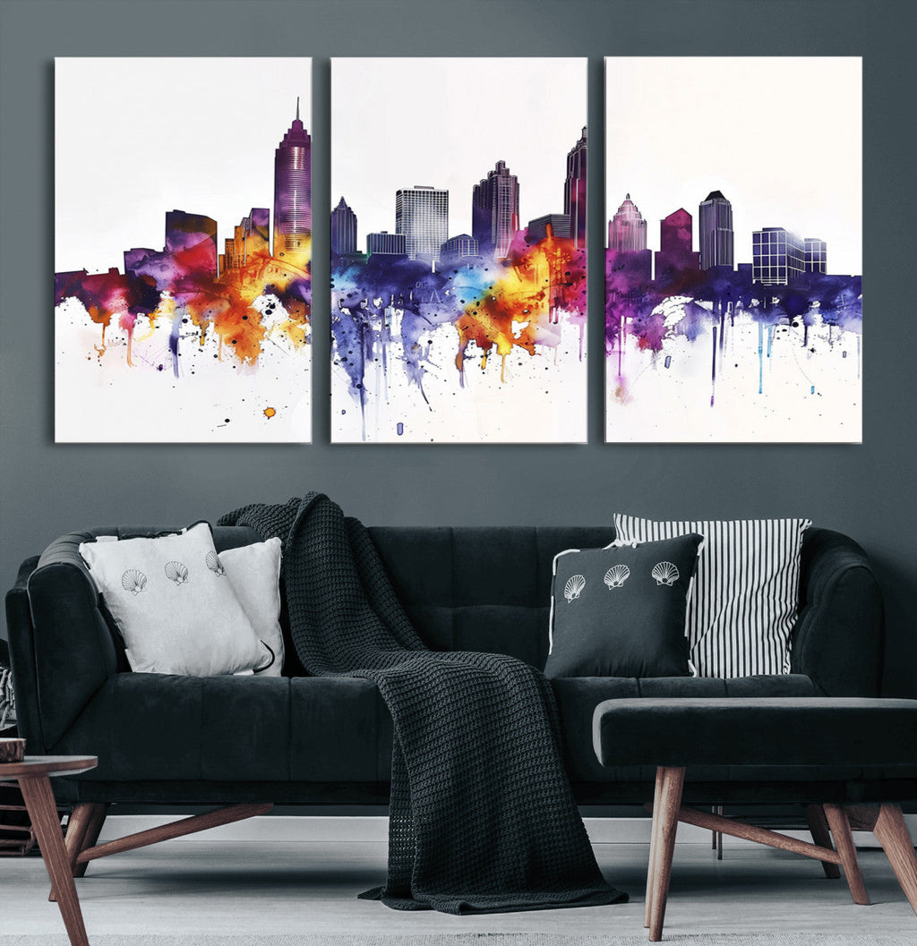 Atlanta Skyline Wall Art Canvas Print, Framed Colorful Watercolor Cityscape
