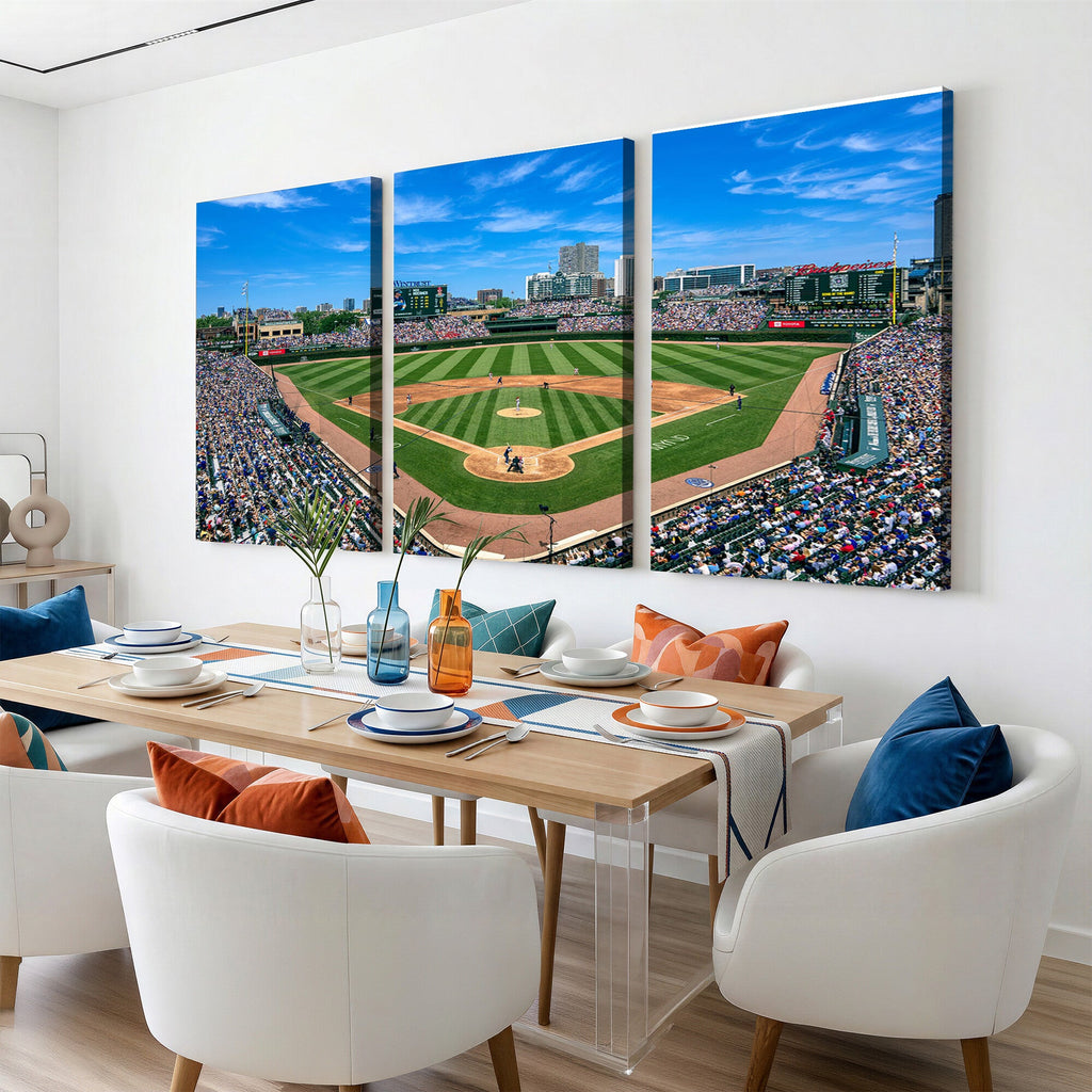 Wrigley Field Baseball Stadium Canvas Wall Art, Packed Crowd and Chicago Skyline