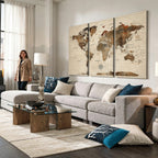 Vintage World Map Wall Art Canvas Print for Living Room, Office and Study