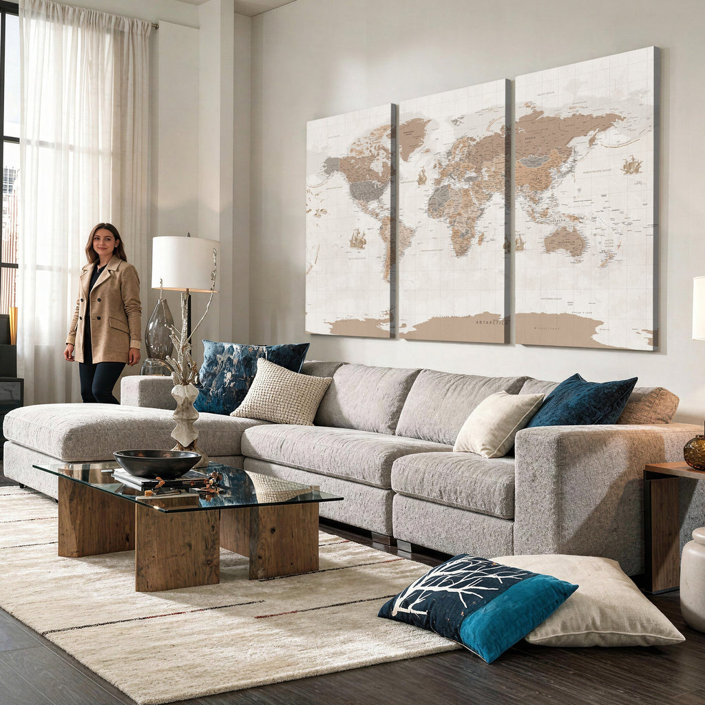 Framed Large World Map Canvas Print for Office Decor