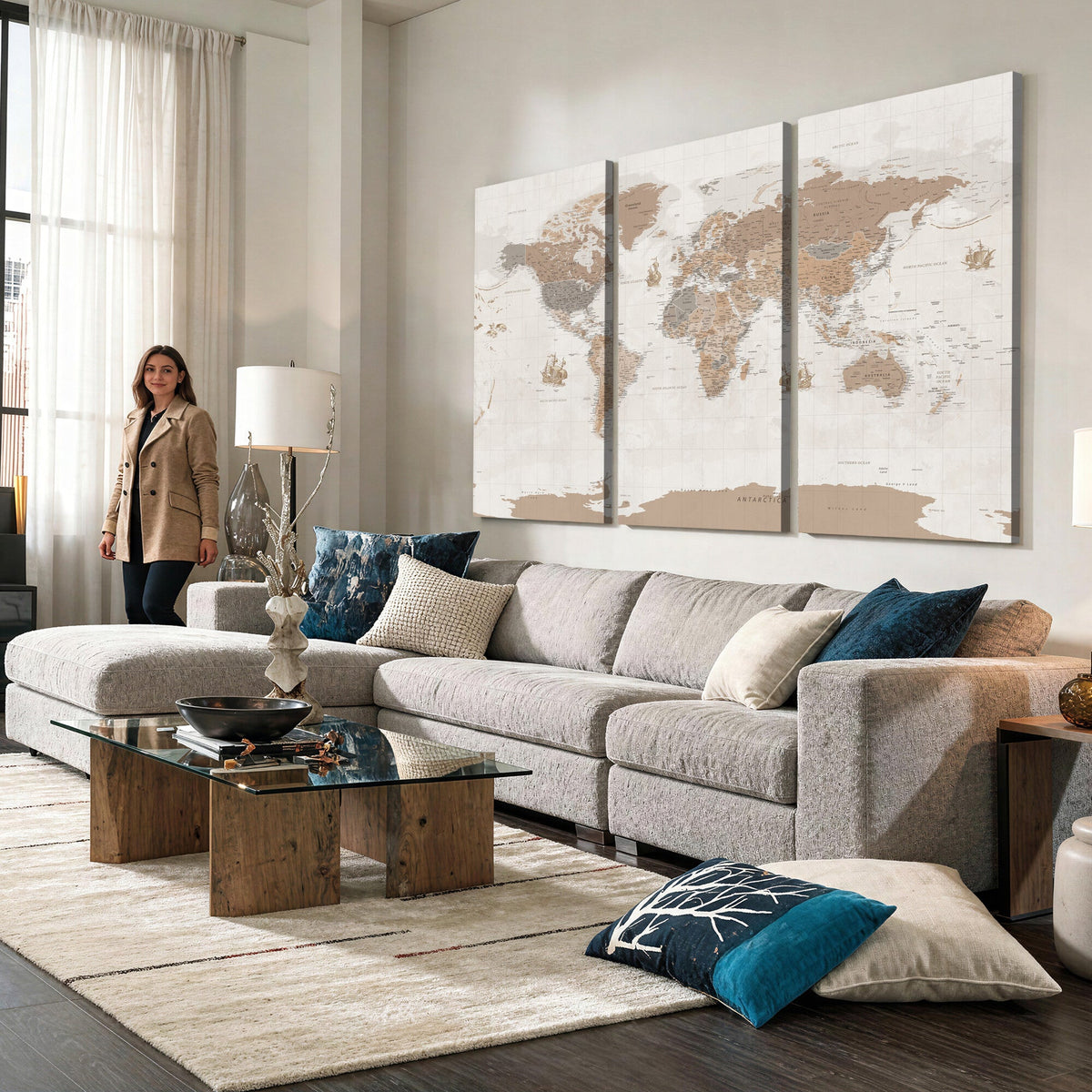 Framed Large World Map Canvas Print for Office Decor