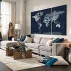 Blue Detailed World Map Wall Art Canvas Print | Modern Framed Map